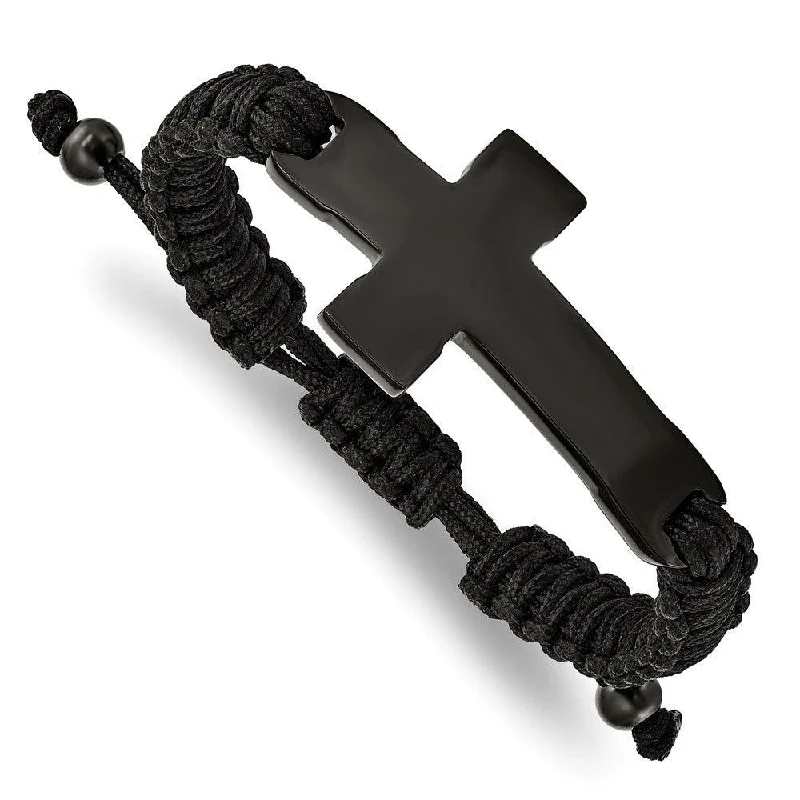 ladies bracelets dazzling-Stainless Steel Polished Black IP Black Nylon Adjustable Cross Bracelet