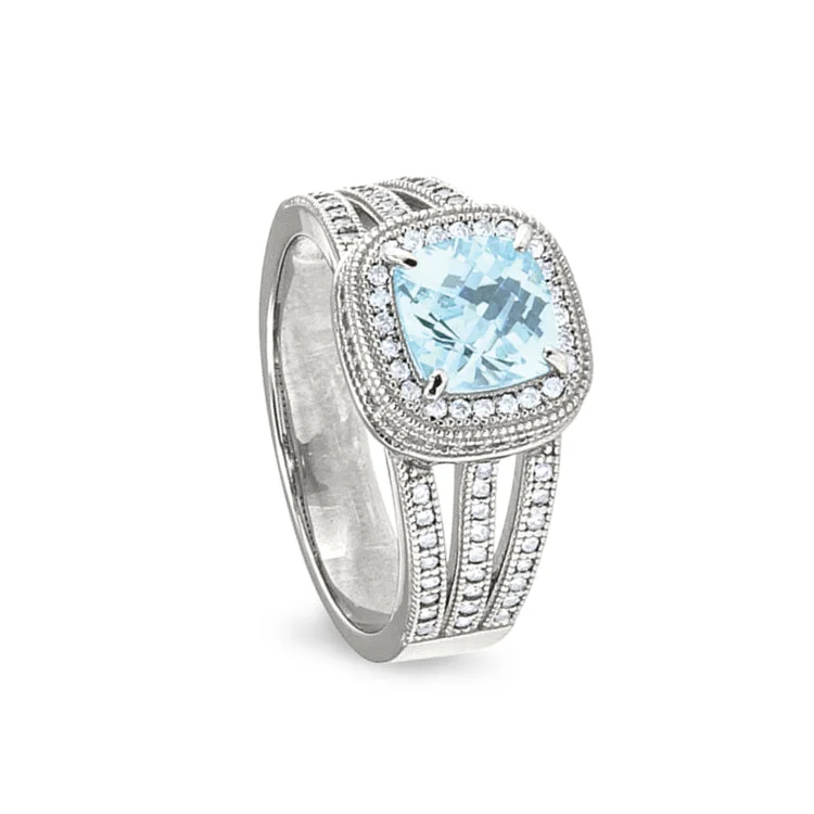 Ladies rings holiday gift -Platinum Finish Sterling Silver Micropave Ring with Simulated Aquamarine and Simulated Diamonds