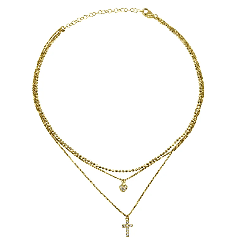 ladies necklaces art nouveau-Gold Plated 925 Sterling Silver Triple Beaded Chain CZ Heart, Cross Necklace - ITN00123GP