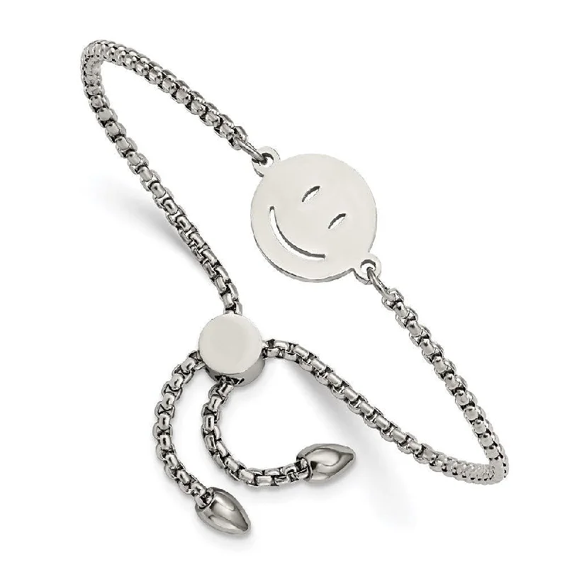 ladies bracelets adjustable-Stainless Steel Polished Happy Face Adjustable Bracelet