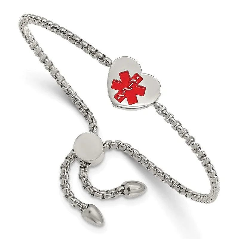 ladies bracelets charm-Stainless Steel Polished Red Enamel Heart Medical ID Adjustable Bracelet