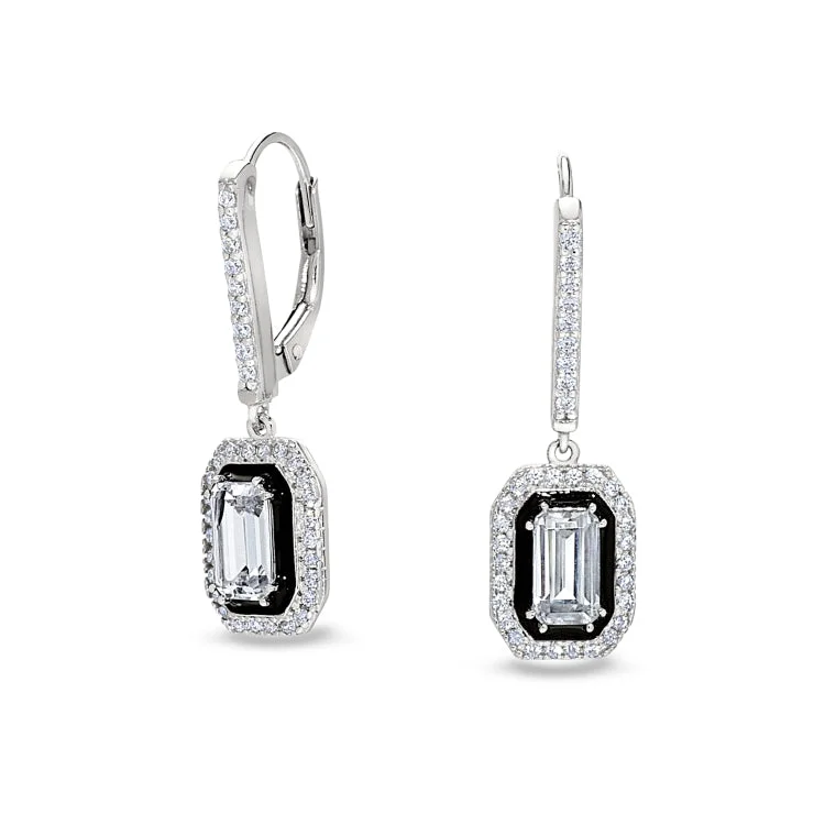 Ladies earrings flamingo design -Platinum Finish Sterling Silver Micropave Octagon Earrings with Black Enamel and Simulated Diamonds