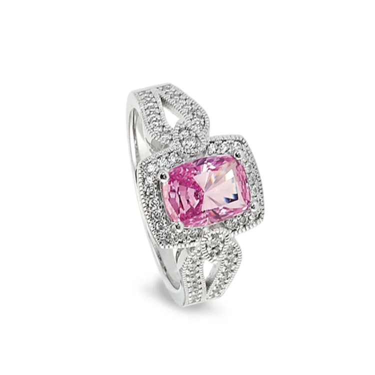 Ladies rings with gemstones -Platinum Finish Sterling Silver Micropave Ring with Simulated Pink Ruby and Simulated Diamonds