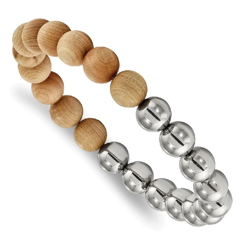 ladies bracelets sparkling-Stainless Steel Polished with Cypress Wood Beads Stretch Bracelet