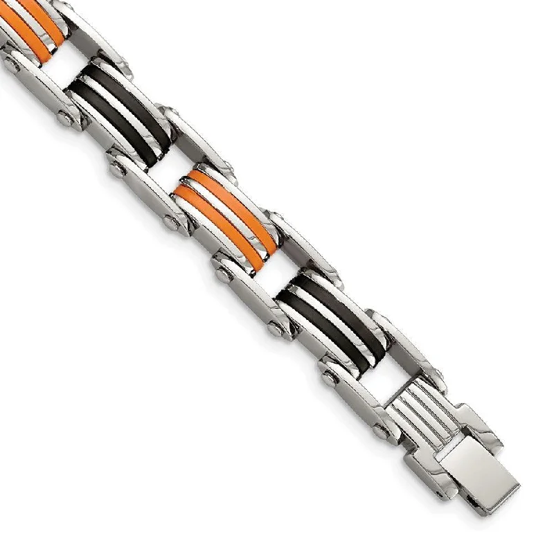 ladies bracelets cartier-Stainless Steel Black and Orange Rubber 8.5in Bracelet