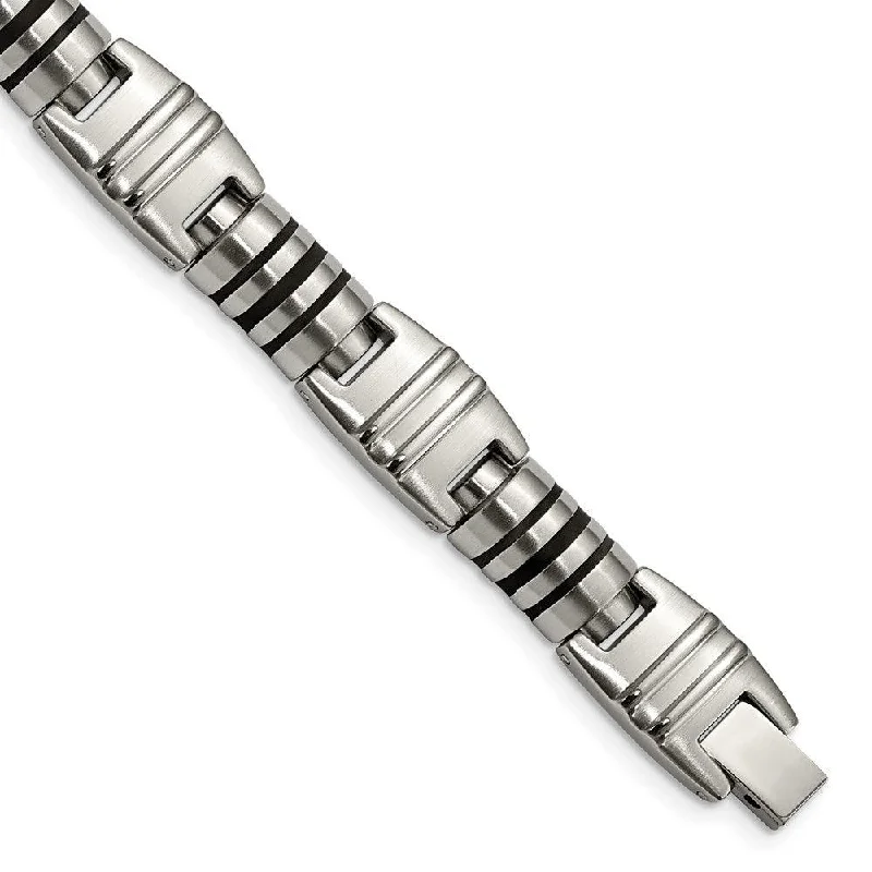 ladies bracelets retro design-Stainless Steel Brushed and Polished Black Enamel Link Bracelet