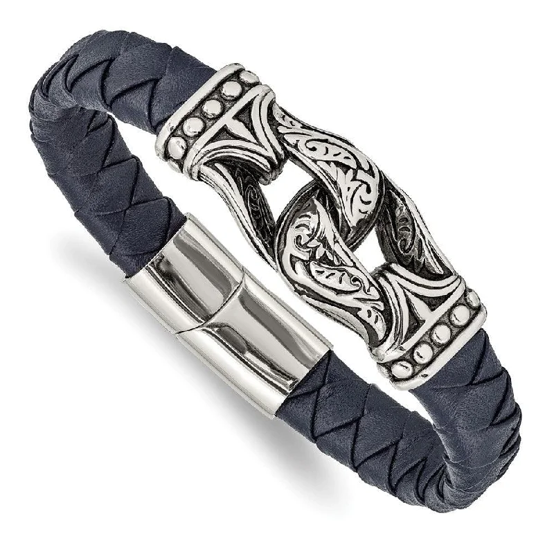 ladies bracelets office-Stainless Steel Antiqued and Polished Blue Leather 8.75in Bracelet