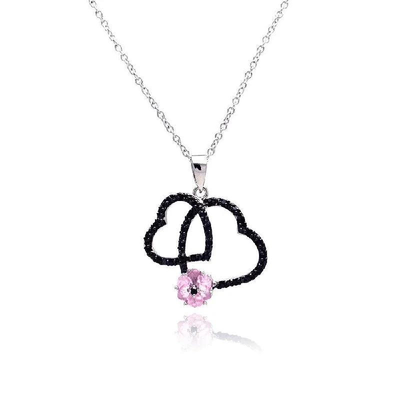 ladies necklaces antique-Silver 925 Black Rhodium Plated Open Double Heart CZ Pink Pearl Necklace - BGP00138