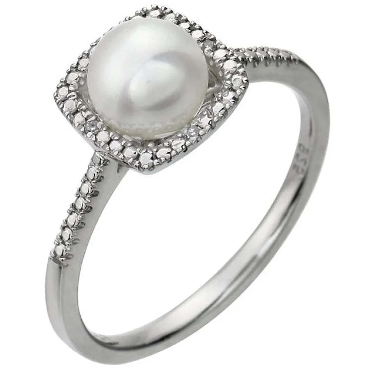 Ladies rings futuristic design -Sterling Silver Cultured White Freshwater Pearl & .01 CTW Natural Diamond Ring