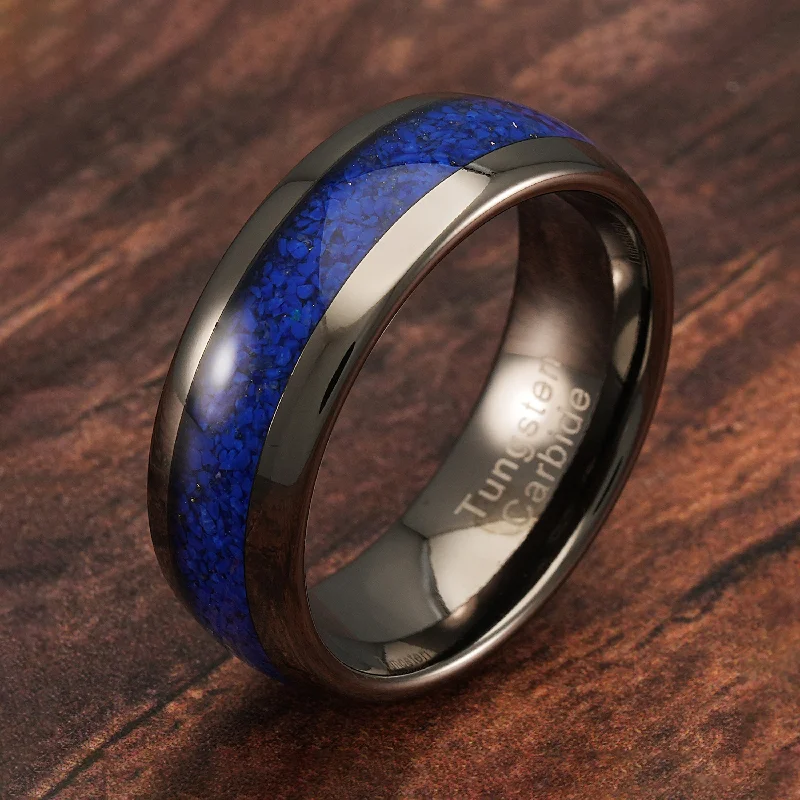 Ladies engagement rings love story -100S JEWELRY Gunmetal Tungsten Rings for Men, Blue Lapis Lazuli Inlay, Dome Shape, Wedding Engagement Promise Band, Sizes 6-16