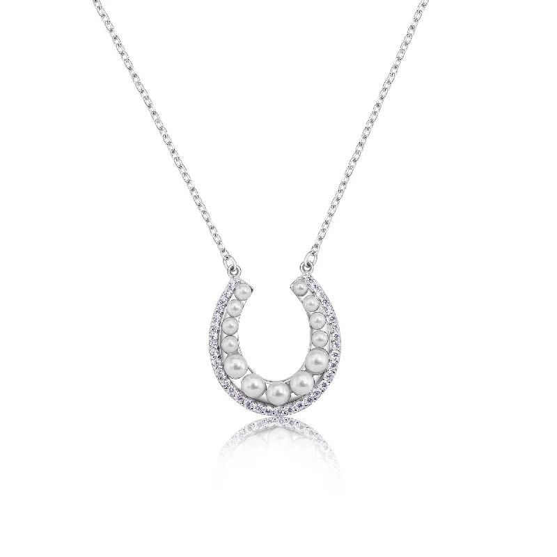 ladies necklaces onyx-Rhodium Plated 925 Sterling Silver Horseshoe Pearl Clear CZ Necklace - BGP01487