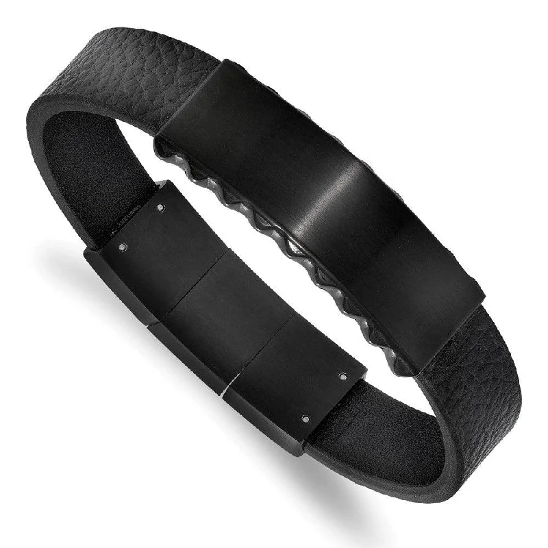 ladies bracelets meaningful-Stainless Steel Brushed & Polished Black IP Leather w/.5in ext. ID Bracelet