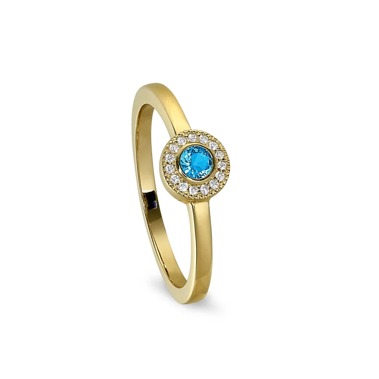 Ladies rings classic charm -Gold Finish Sterling Silver Micropave Round Simulated Blue Topaz Ring with Simulated Diamonds Size 8