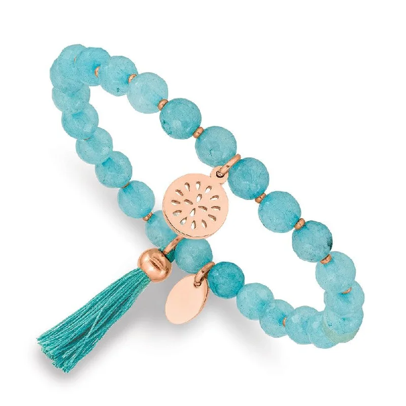 ladies bracelets subtle elegance-Stainless Steel Polished Rose IP w/Tassel Mint Jade Stretch Bracelet