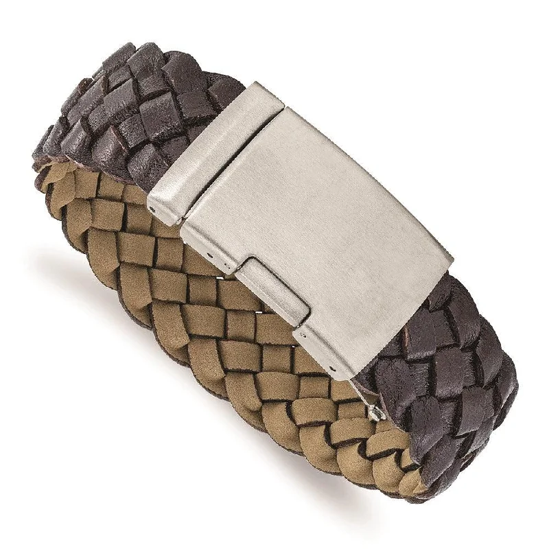 ladies bracelets top rated-Stainless Steel Brushed Brown Leather Bracelet