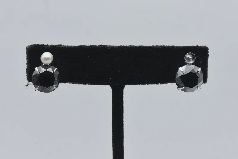 Ladies earrings natural stones -Sorrento - Vintage Sterling Silver Hematite and Pearl Screw Back Earrings - AS IS