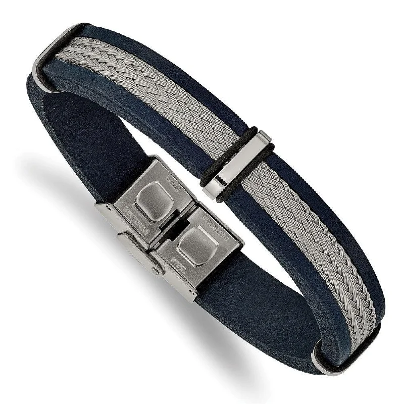 ladies bracelets repair-Stainless Steel Polished Blue Leather and Wire 8.5in Bracelet