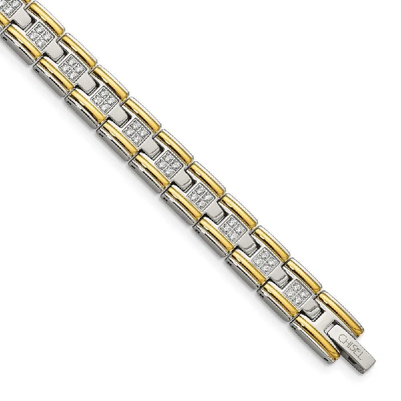 ladies bracelets estate-Stainless Steel Polished Yellow IP CZ 8.50in Link Bracelet