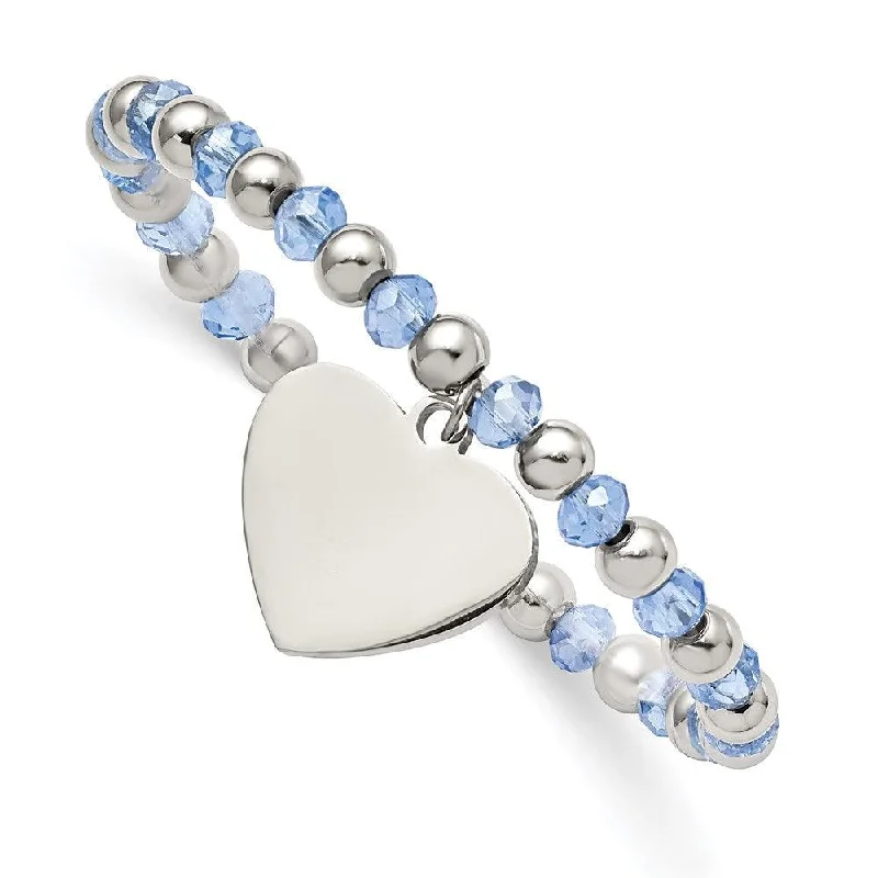 ladies bracelets memory-Stainless Steel Polished w/Blue Glass Beads Heart Dangle Stretch Bracelet