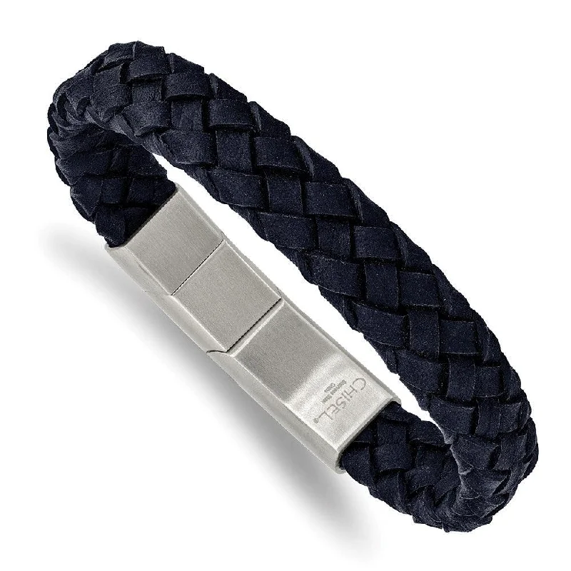 ladies bracelets pre owned-Stainless Steel Brushed Navy Braided Leather 8.25in w/.5in ext. Bracelet