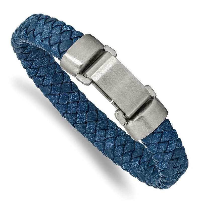 ladies bracelets hypoallergenic-Stainless Steel Brushed Blue Leather 8.25in Bracelet