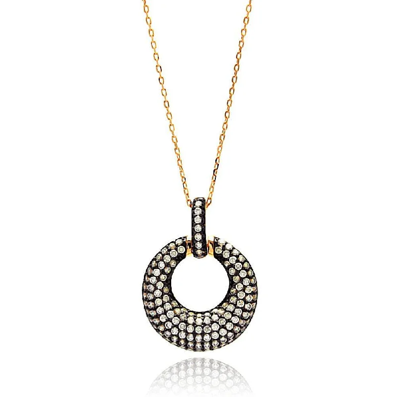 ladies necklaces matte-Silver 925 Gold Plated Open Circle Black and Clear CZ Necklace - BGP00639