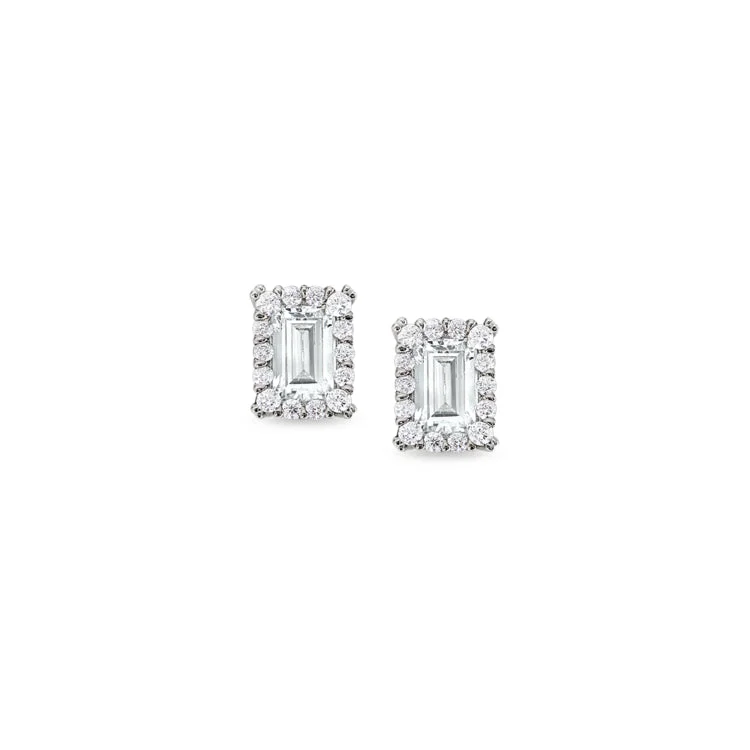 Ladies earrings polymer clay -Platinum Finish Sterling Silver Emerald Cut Earrings with Simulated Diamonds