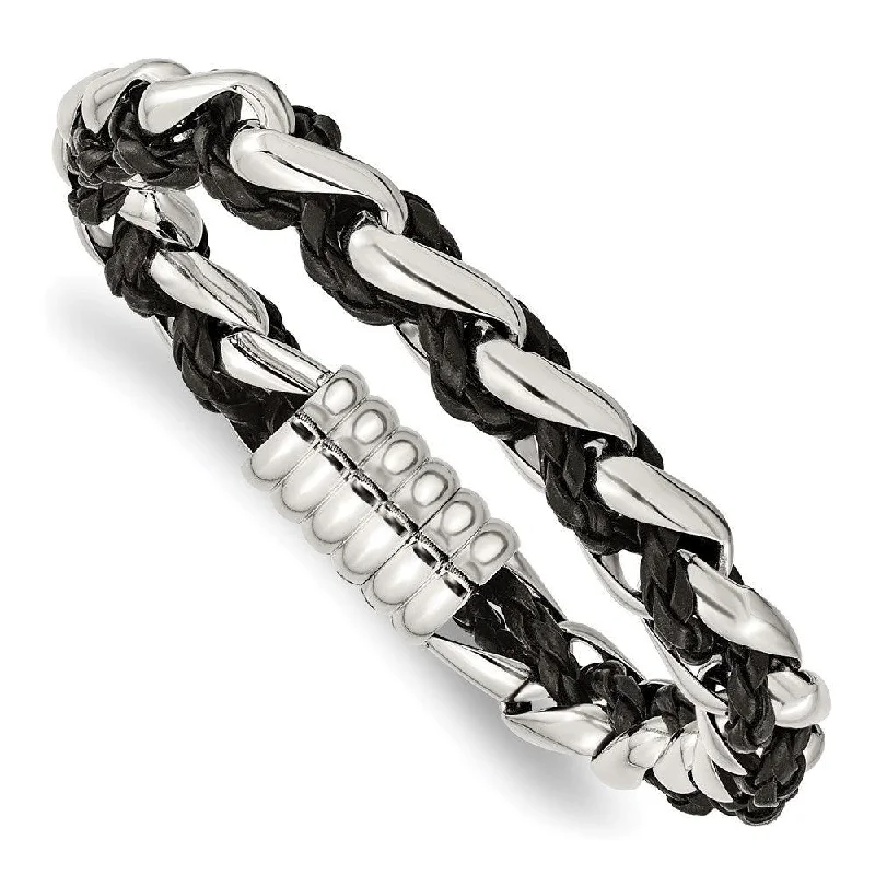 ladies bracelets collectible-Stainless Steel Polished Black Leather Bracelet