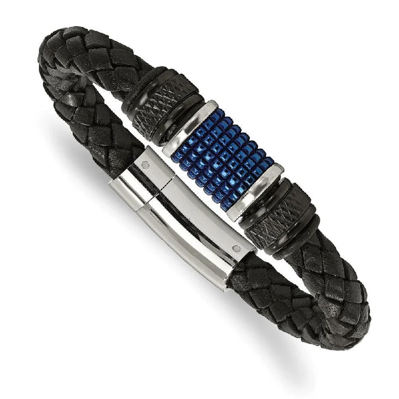 ladies bracelets thin-Stainless Steel Polished Blk & Blue IP Blk Rubber Blk Leather Bracelet