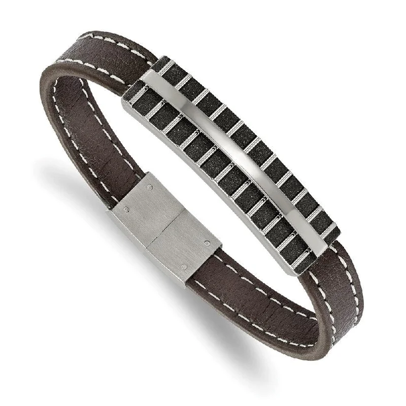 ladies bracelets delicate-Stainless Steel Polished Black IP Lasercut Brown Leather 8.25in Bracelet