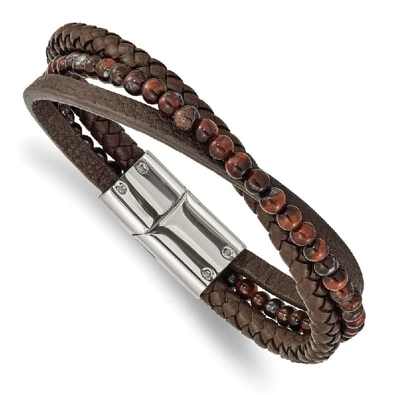 ladies bracelets engraved-Stainless Steel Polished with Tiger's Eye Brown Leather 8.25in Bracelet