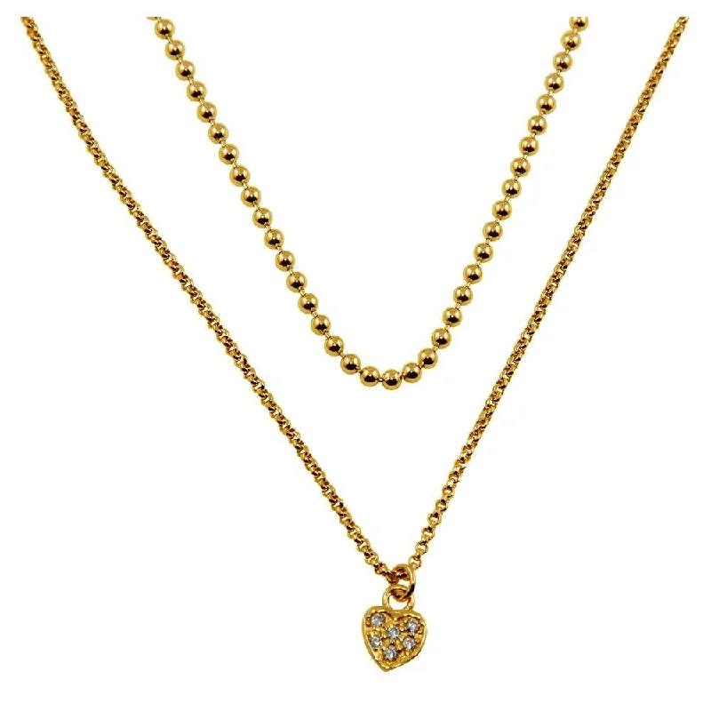 ladies necklaces floral-Gold Plated 925 Sterling Silver Double Chain and Drop Heart Necklace - ITN00127GP