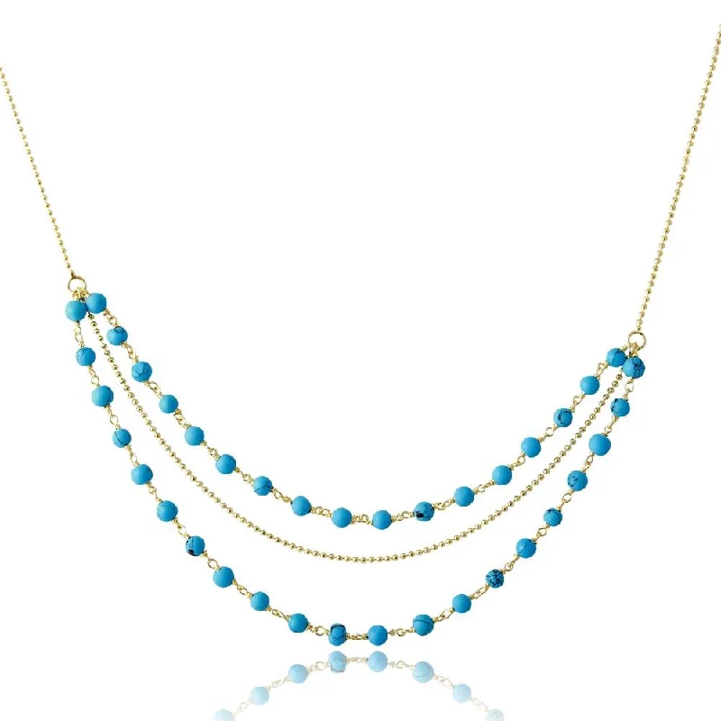 ladies necklaces water resistant-Gold Plated 925 Sterling Silver Triple Strand Turquoise Bead Necklace - DIN00071GP