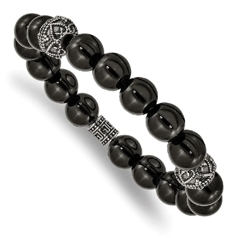 ladies bracelets retro-Stainless Steel Antiqued and Polished Black Agate Beaded Stretch Bracelet