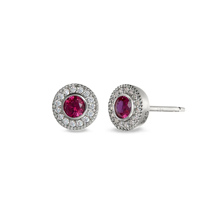 Ladies earrings viking style -Platinum Finish Sterling Silver Micropave Round Simulated Ruby Earrings with Simulated Diamonds