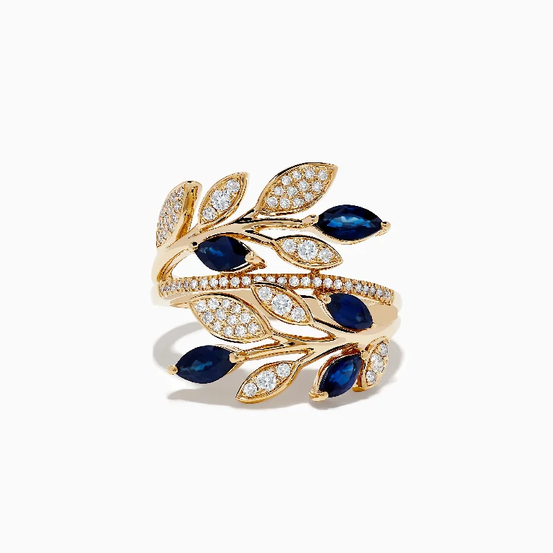 Ladies rings tri color -Royale Bleu 14K Yellow Gold Blue Sapphire and Diamond Leaf Ring