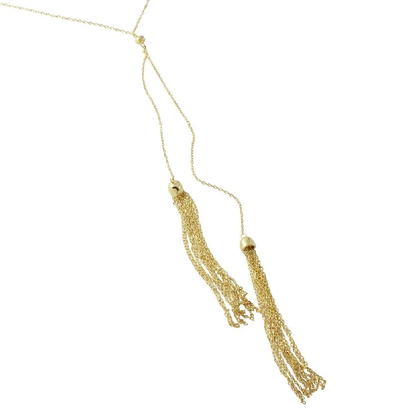 ladies necklaces understated-Gold Plated 925 Sterling Silver 2 Dropped Tassel Necklace - BGP01178GP