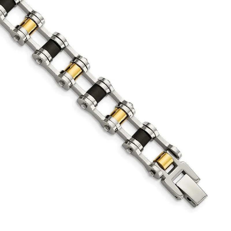 ladies bracelets friendship-Stainless Steel Yellow IP-plated and Black Rubber Bracelet