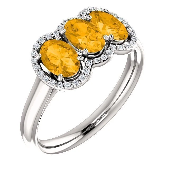 Ladies rings limited edition -14KT GOLD 1.32 CTW CITRINE & 0.10 CTW DIAMOND 3 STONE OVAL HALO RING