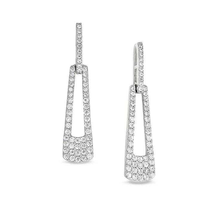 Ladies earrings unicorn design -Platinum Finish Sterling Silver Micropave Door Knocker Earrings with Simulated Diamonds