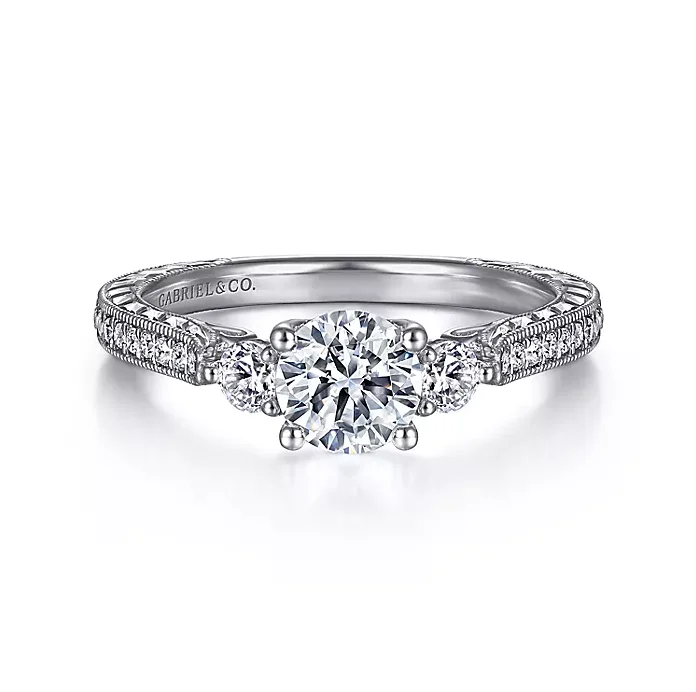 Ladies engagement rings perfect fit -Georgina - Vintage Inspired 14K White Gold Round Three Stone Diamond Engagement Ring