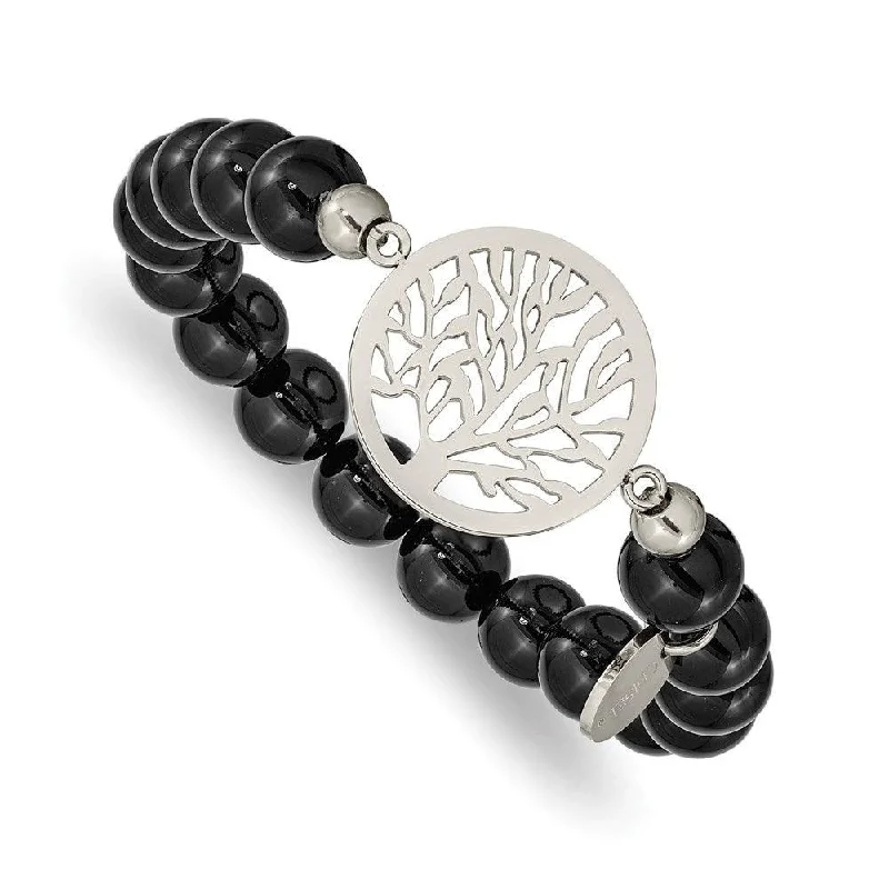 ladies bracelets romantic-Stainless Steel Polished tree of Life Black Agate Beaded Stretch Bracelet