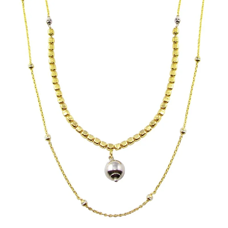 ladies necklaces colorful stones-Gold Plated 925 Sterling Silver Multi Chain Cube and Bead Necklace - ECN00059GP