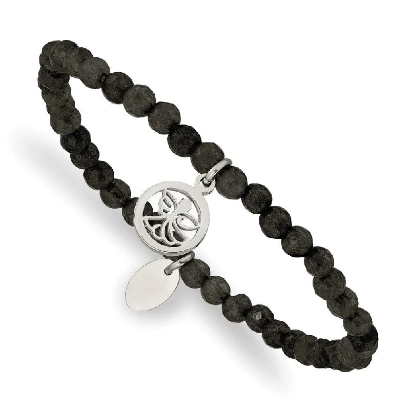 ladies bracelets horoscope-Stainless Steel Polished Angel Black Jade Beaded Stretch Bracelet