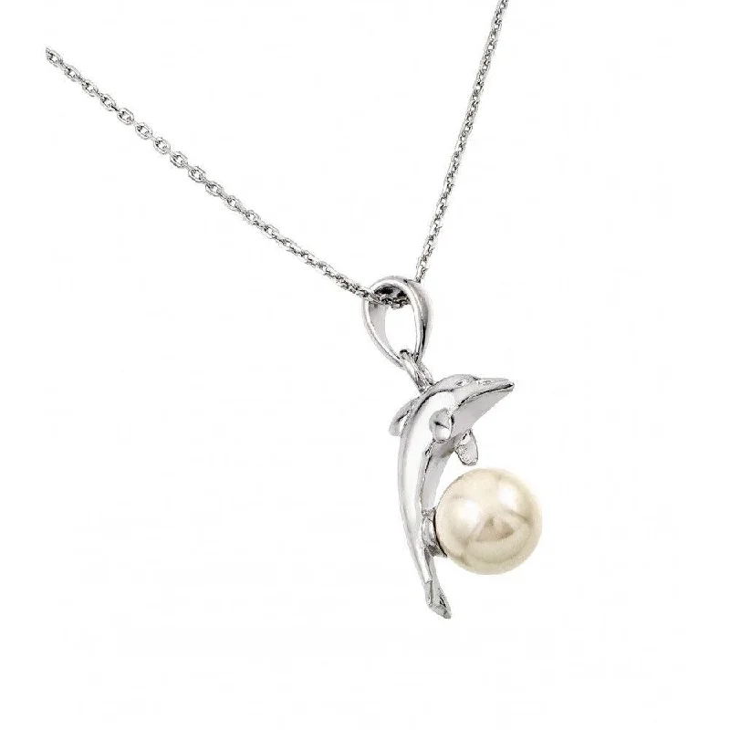 ladies necklaces onyx-Silver 925 Rhodium Plated Dolphin Leaping Over Pearl Pendant Necklace - BGP00874