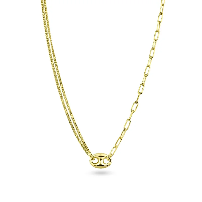 ladies necklaces matching-Gold Plated 925 Sterling Silver Puffed Mariner Double Strand Curb and Single Paperclip Adjustable Link Necklace - ITN00157-GP