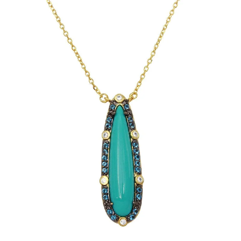 ladies necklaces charm-Gold Plated 925 Sterling Silver Tear Drop Turquoise Center Stone Necklace with CZ - BGP01140