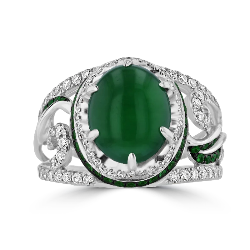 Ladies rings spring collection -JULEVE 18KT 4.25CT JADE, 0.36CTW TSAVORITE & 0.64 CTW DIAMOND RING