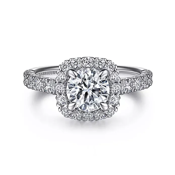 Ladies engagement rings star accent -Parker - 14K White Gold Cushion Halo Round Diamond Engagement Ring