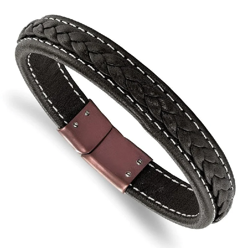 ladies bracelets valentine-Stainless Steel Brown IP-plated Genuine Leather 8.25in Bracelet